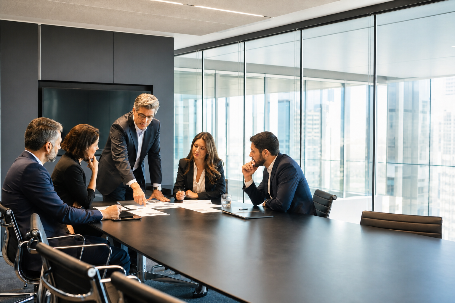 Profissionais reunidos em um ambiente corporativo iluminado